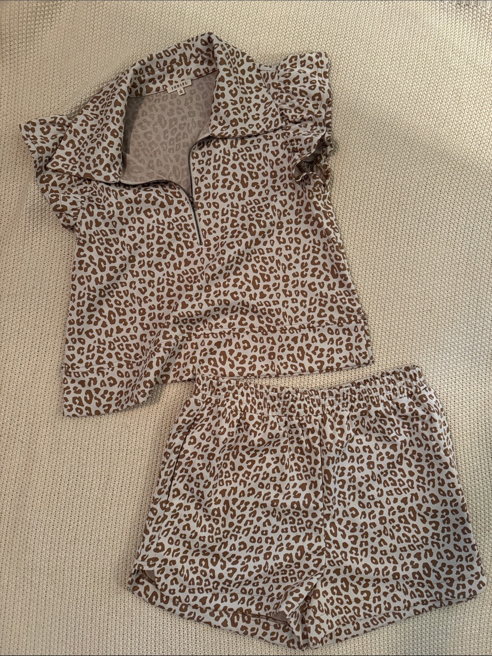 JODIFL Brown & Cream Leopard Print Short Sleeve Blouse Set